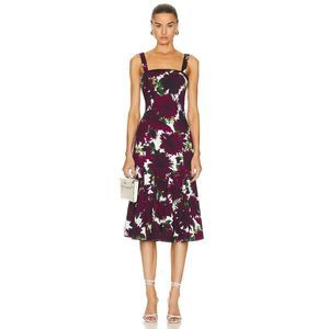 Oscar De La Renta Women's Burgundy White Dahlia Cotton Twill Midi Dress Size 14